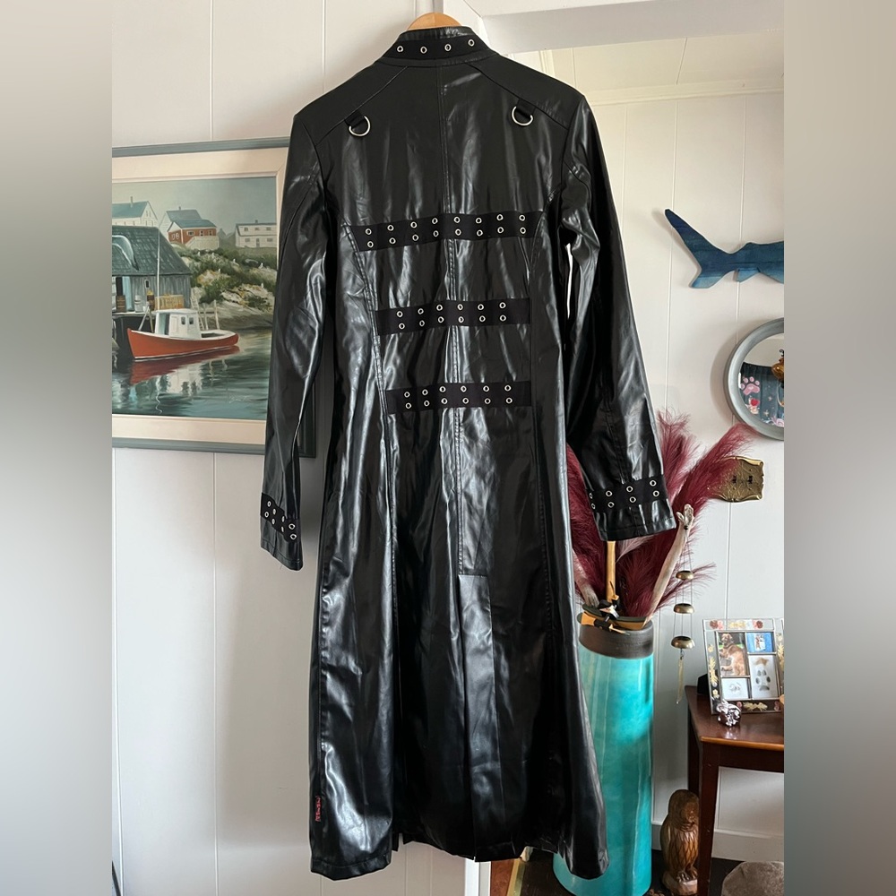 Vintage Tripp NYC Vinyl Faux Leather Trench Coat Goth Buckles Bondage Duster vtg - Picture 2 of 15